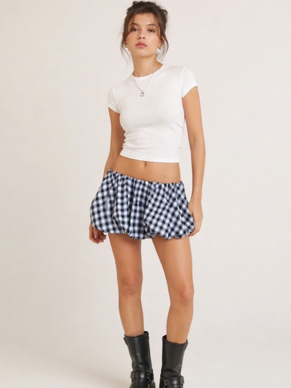 Kimchi Blue Navy and White Plaid Bubble micro Mini Skirt